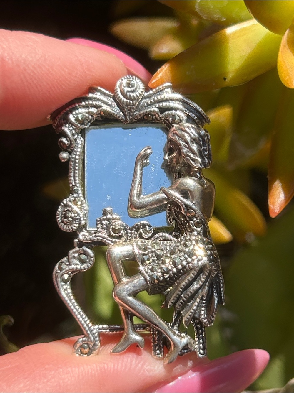 Sterling Silver Art Deco Woman Mirror Brooch  Pendant Marcasite Accents